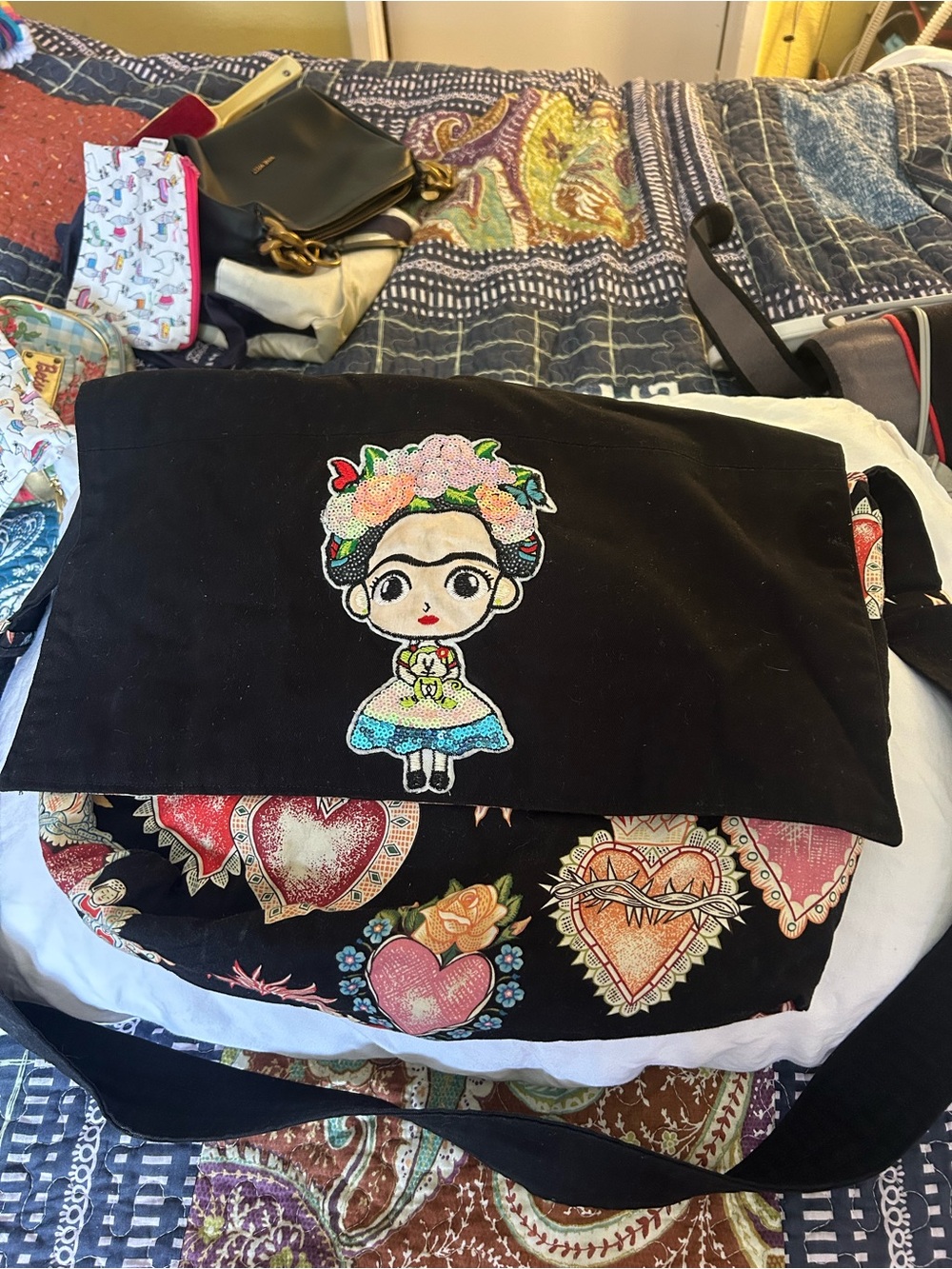 Black Crossbody Messenger Bag with Colorful Frida Patch